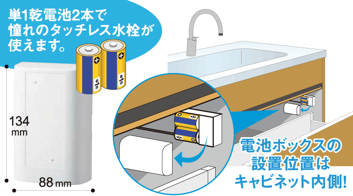 単1乾電池2本で憧れのタッチレス水栓が使えます。電池ボックスの設置位置はキャビネット内側
