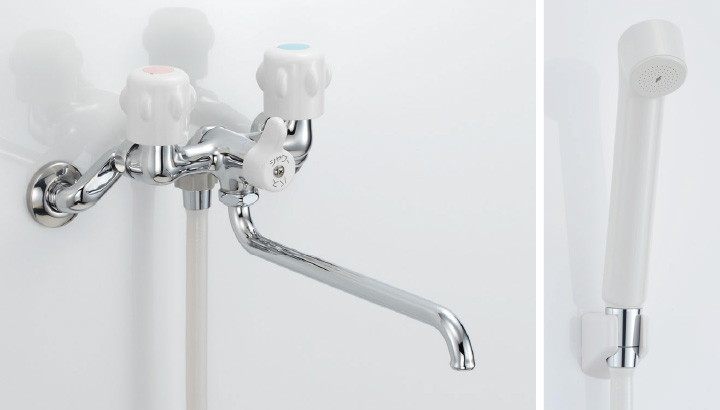 浴槽・洗い場兼用・壁付型] ２ハンドルシャワーバス水栓（吐水口長さ 